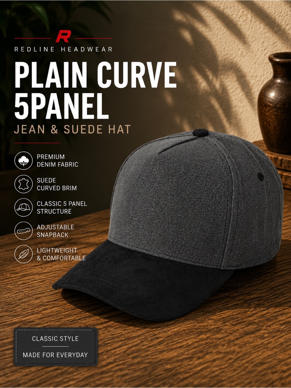Plain Curve 5-Panel Hat - Gray Crown with Black Suede Brim